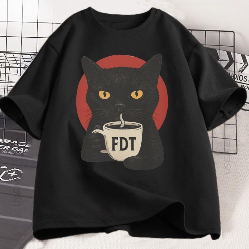 FDT Black Cat Tshirt Men Women Cotton Short Sleeve Tshirt Soft Breathable Round Neck Short Sleeve Tee Unisex Casual Wear