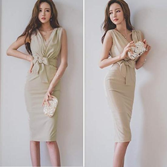 ISLAYCAOLILA Cabaret Mini Club Party Tight Midi C64 Clara Dress, Dress, Dress, Dress, Dress, Ribbon, Cache-Coeur, V-Neck, Sleeveless, Waist-Tied,