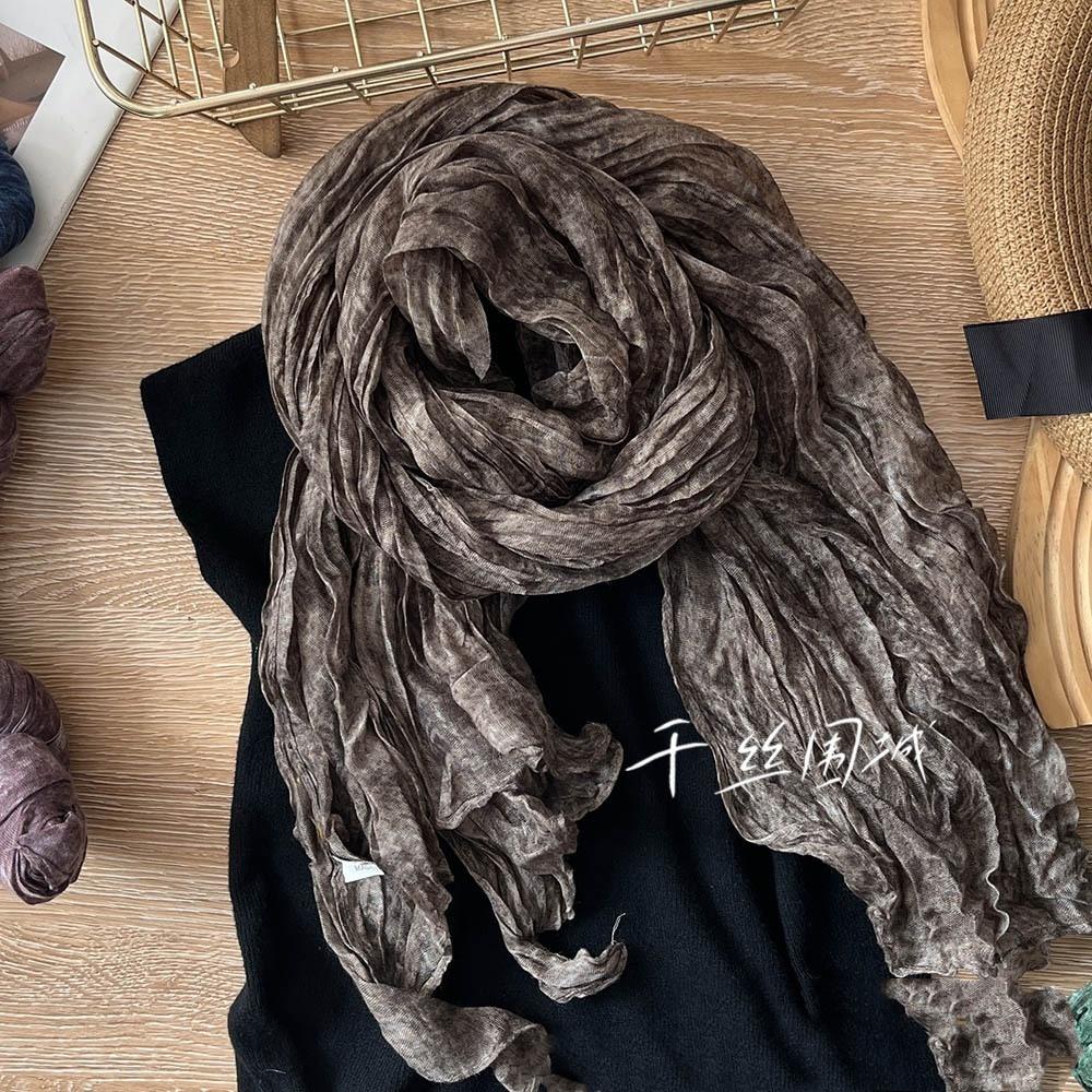 Vreovor Tie Dye Scarf Retro Autumn And Winter New Style Pleated Coffee Thin Long Strip Shawl Men And Women Warm Silk