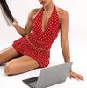 Women's Retro Halter V-Neck Polka Dot Top & Ruffled Skirt Set