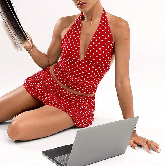 Women's Retro Halter V-Neck Polka Dot Top & Ruffled Skirt Set