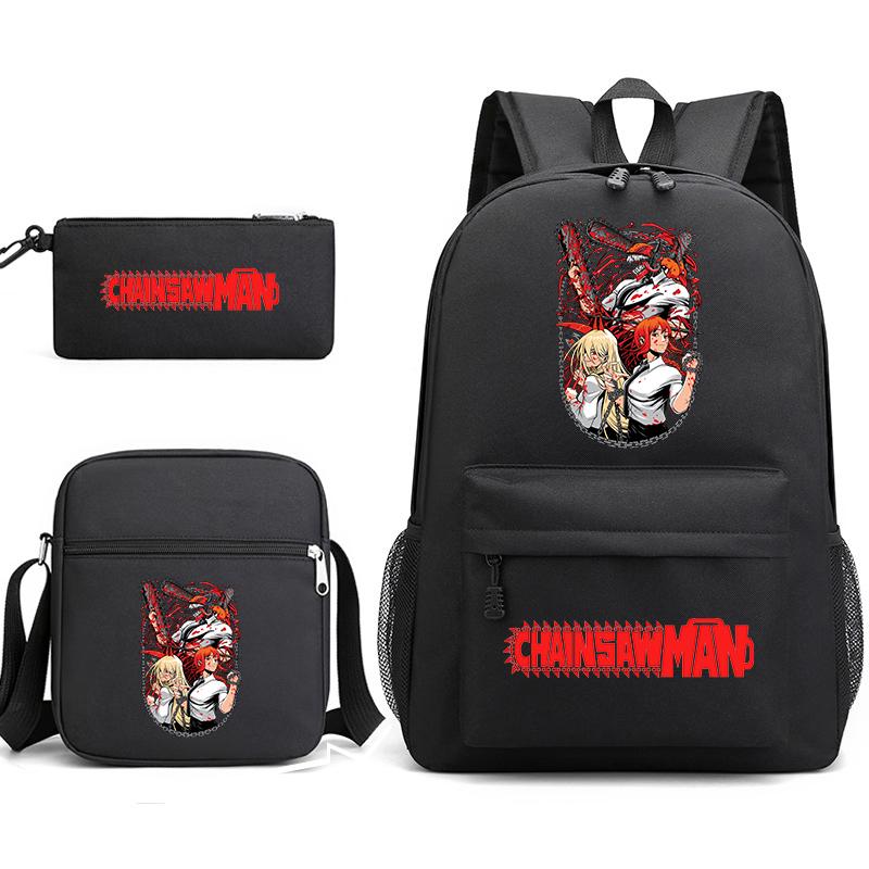 Chainsaw Man Print Student Backpack Set with Crossbody Bag and Pencil Pouch for Boys Girls Daily Use
