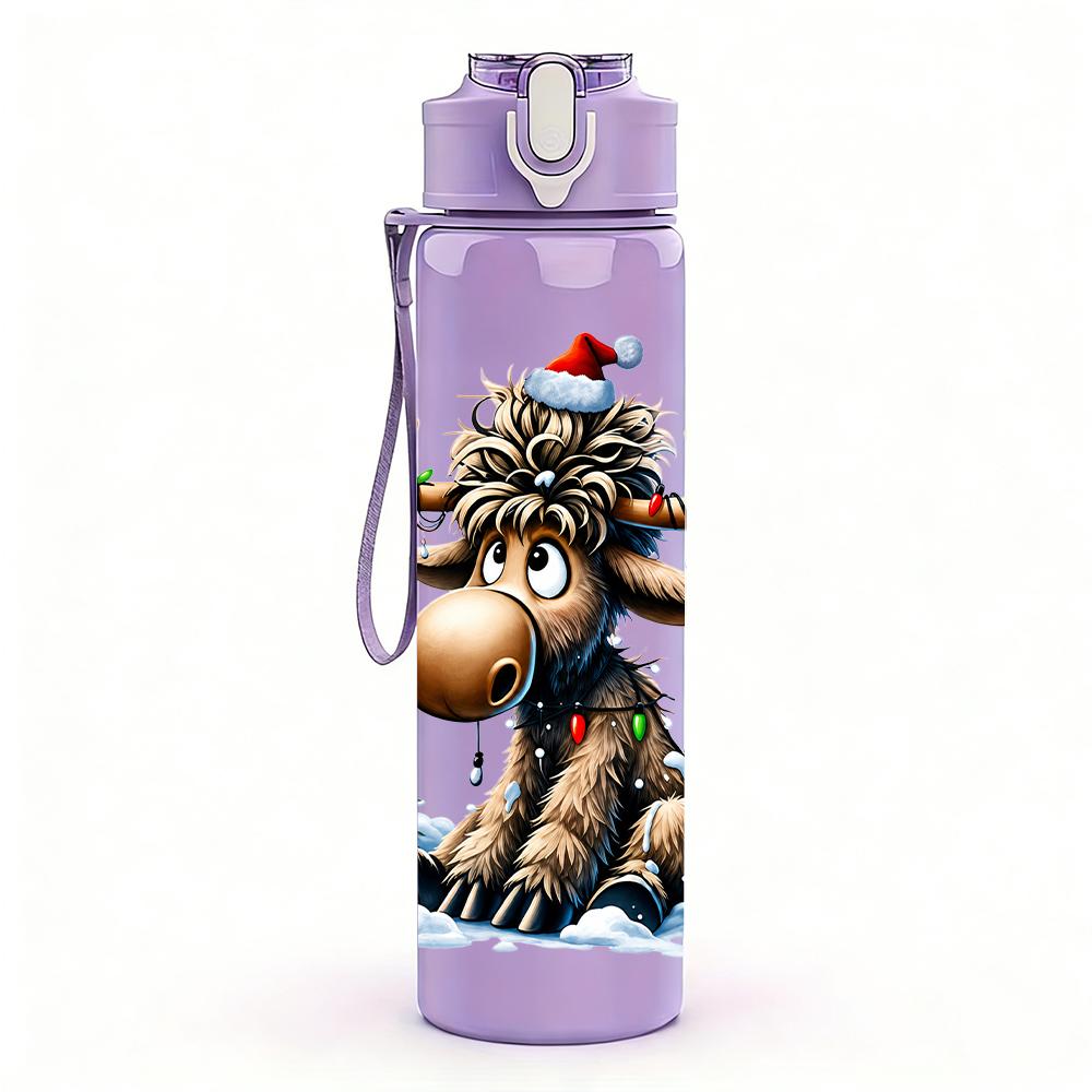 1PC Christmas Moose Cartoon 750ml Color Plastic Sports Water Bottle Leakproof Flip Straw Lid Suitable for Sports Office Home Use