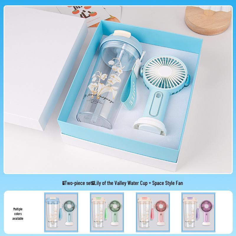 Premium Light-Luxury Water Bottle & Fan Umbrella Gift Set for Friends, Corporate Events, and Client Gifts Blue