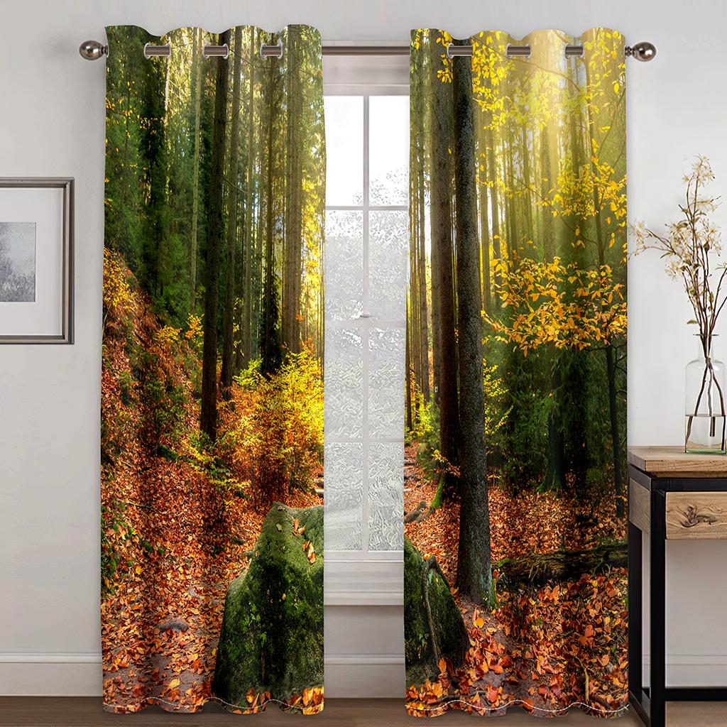 Spring Forest River Landscape Shade Curtain Living Space Bedroom Area Home Decor Thin Curtain 2 Panels Punch Hooks