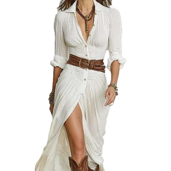 Abito da donna sexy arricciato con cintura - Autunno tinta unita, design irregolare (Collezione 2025)