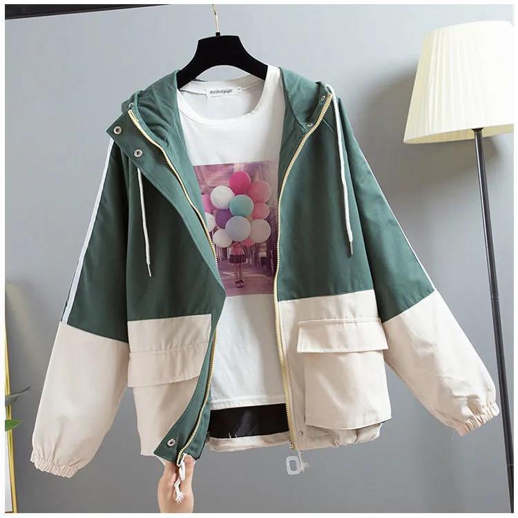 Women's Spring and Autumn Long-sleeved Zipper Jacket Patchwork Color Loose Hooded Baseball Suit
