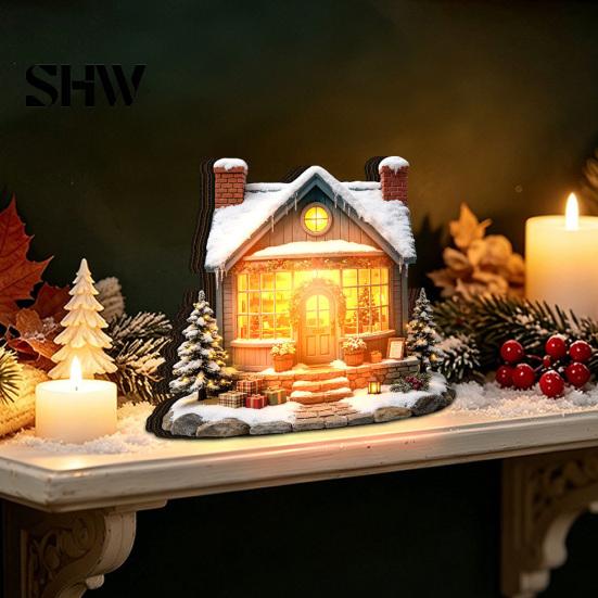 Durable Decorative Accents Christmas Glowing House Ornament, LED Wooden Tabletop Decor for DIY Craft Ornaments Holiday Village Display, Light Up Party