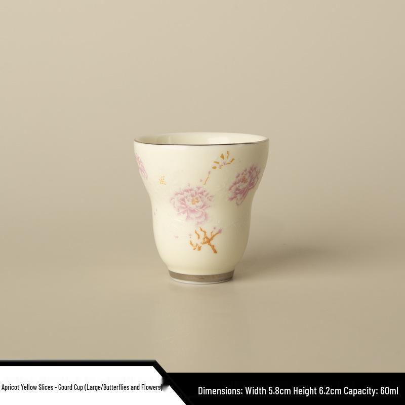 Apricot Yellow Butterfly & Floral Gaiwan Tea Cup with Silver Edge - High-grade Ceramic for Women's Tea Brewing