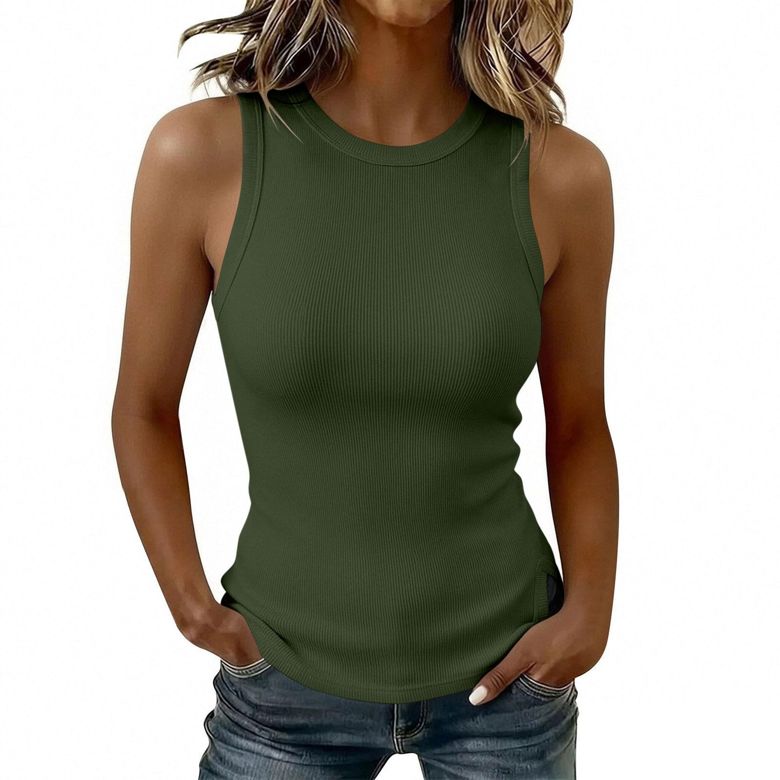 Women Sleeveless Tank Top Slim Fit Ribbed Knit Round Neck Split Hem Casual Summer Shirt L
