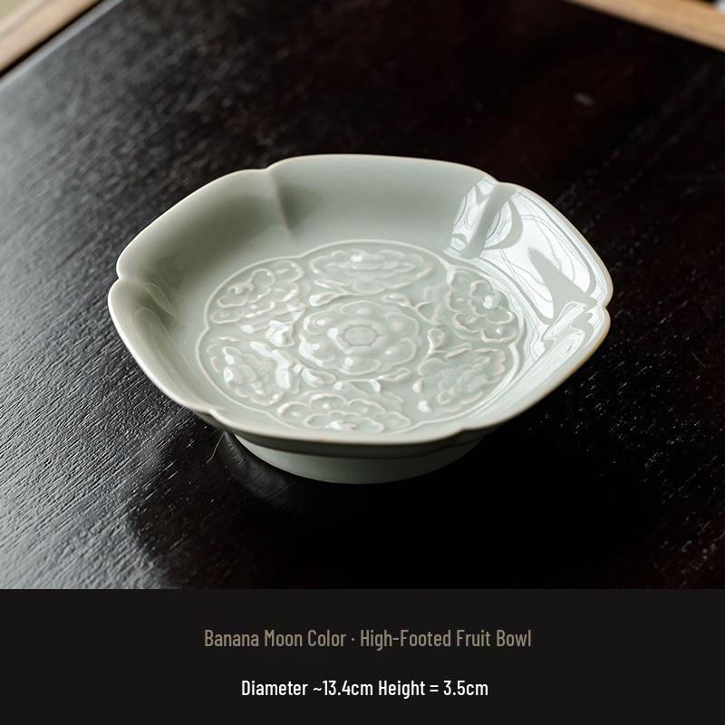 Guanlan Embossed Banana Moon Ceramic High-Footed Tea & Snack Plate – Retro Design Banana Moon Color High-Footed Fruit Plate