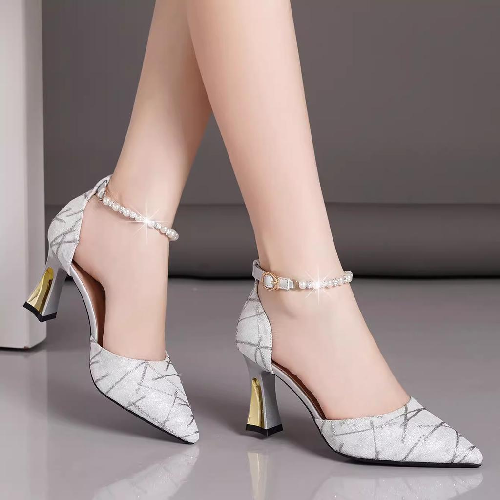 Fashion Sweet Pointed Toe Women's High Heels Heeled Sandals Luxury String Beads Womens Shoes Women's Wedding Party Evening Pumps