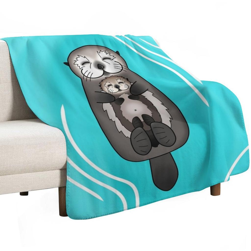 Mother and Pup Sea Otters Mom Holding Baby Otter Throw Blanket Plush Fuzzy Cozy Blanket for Couch Sofa