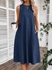 Women's Round Neck Sleeveless Midi Dress Loose Fit High Waist Casual A-Line Dress With Pockets