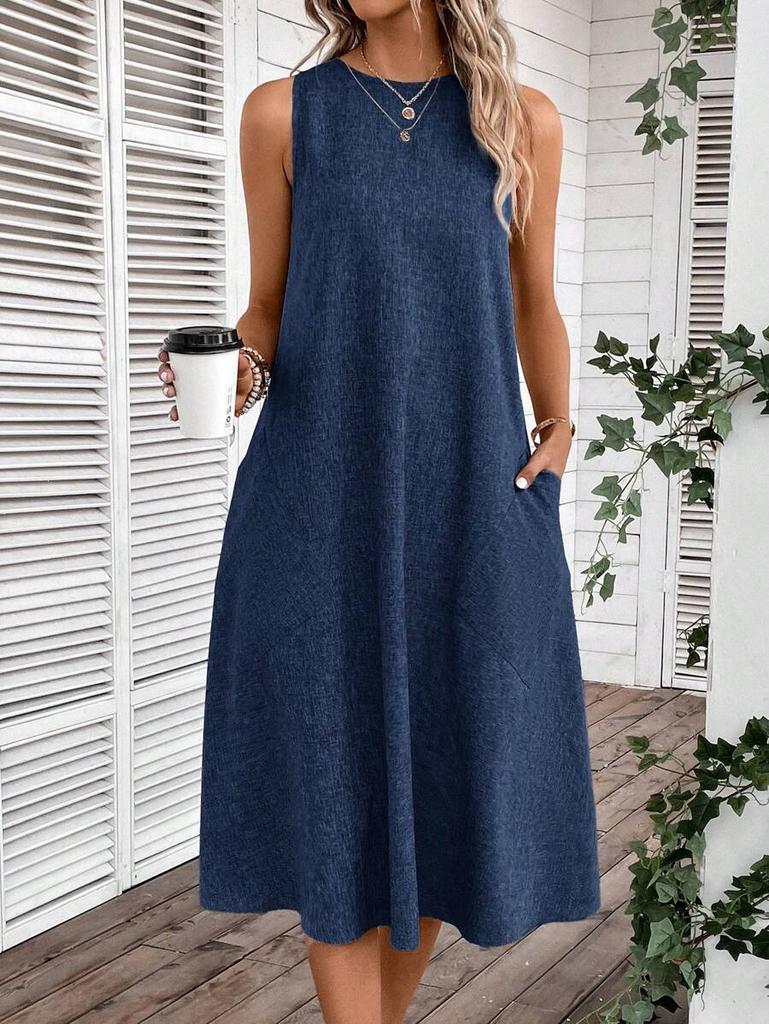 Women's Round Neck Sleeveless Midi Dress Loose Fit High Waist Casual A-Line Dress With Pockets