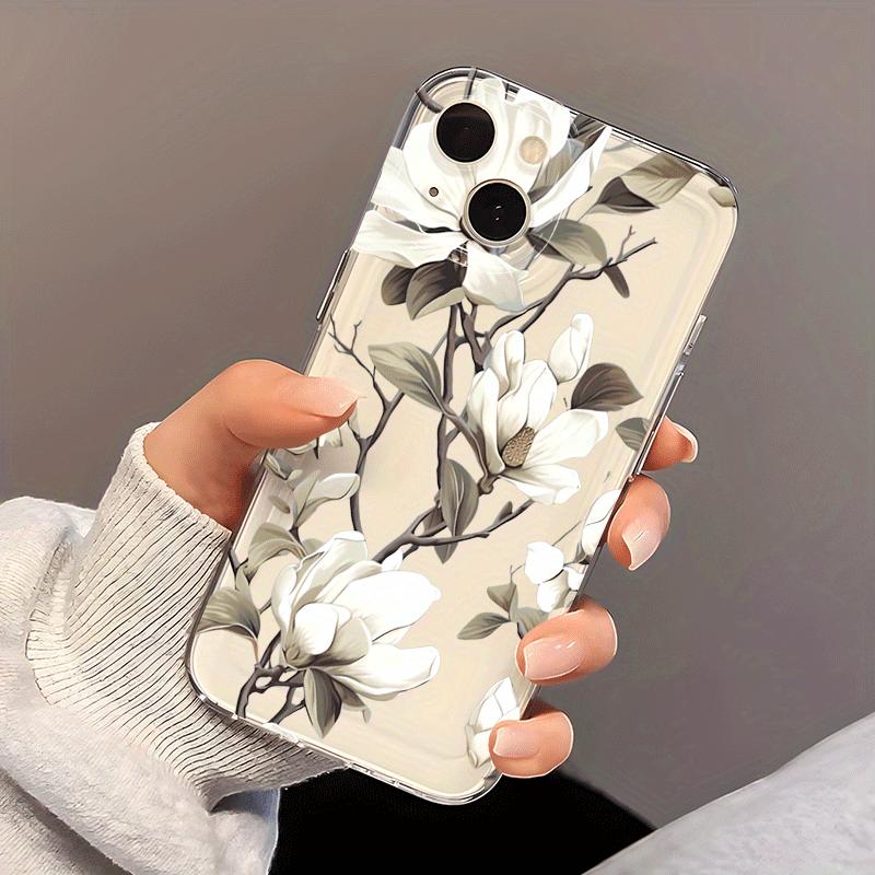 White Magnolia pattern phone case suitable for iPhone 17 16 15 14 13 12 11 Pro/Max/Plus anti drop and shockproof back cover