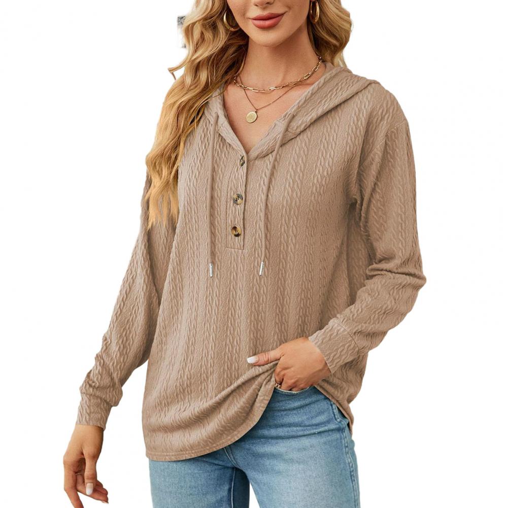 Women Autumn Winter Solid Color Hoodie Drawstring Buttons Neckline Long Sleeve Loose Fit Twist Texture Pullover Sweatshirt