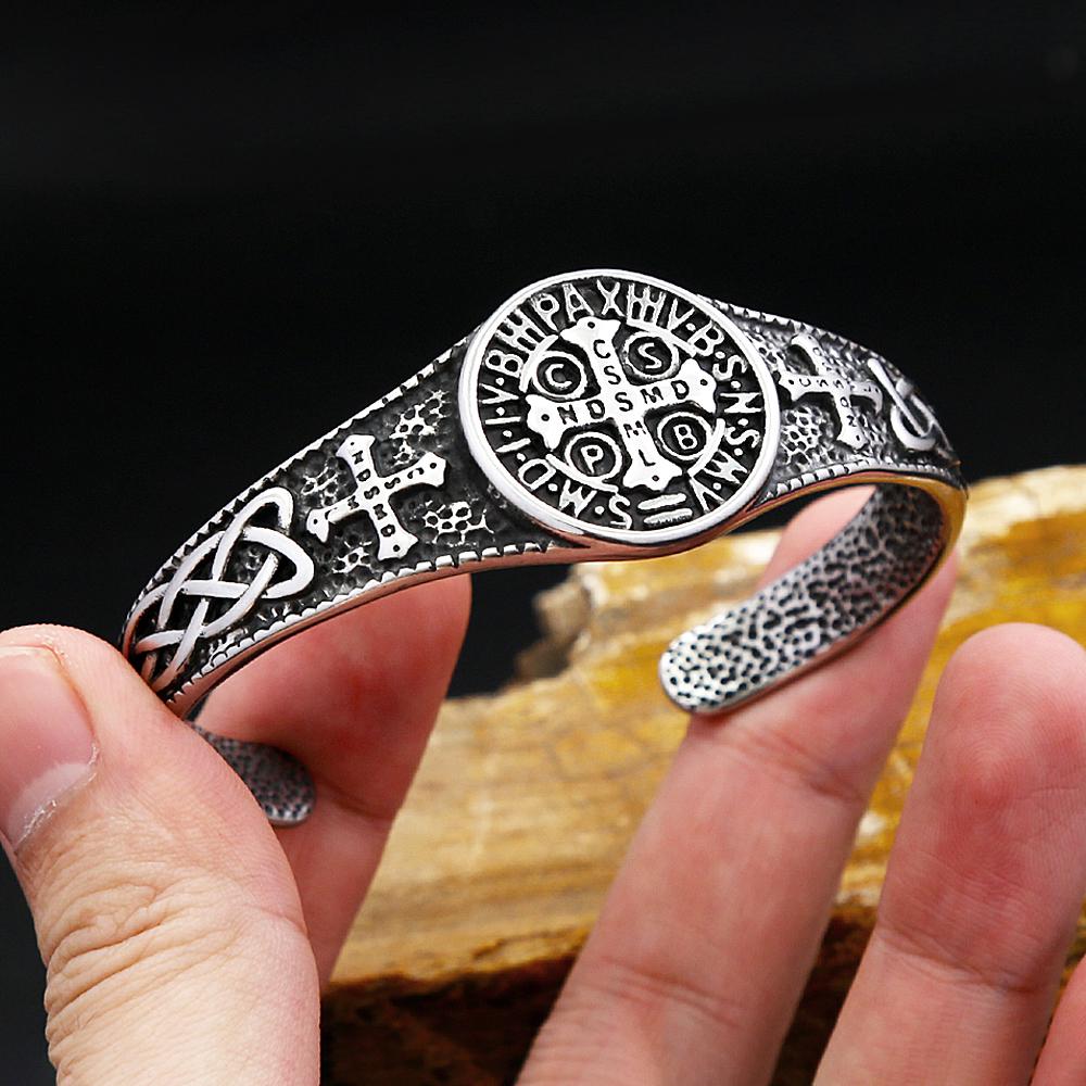 New Classic Saint Benedict Bracelet For Men Women Stainless Steel Fashion Cross Opening Bangles Biker Jewelry Dropshipping
