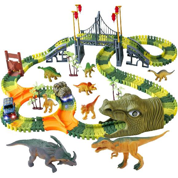 Dinosaur World Race Track Toys - 216pcs Flexible Track Playset with 1 Dinosaur Car, 1 Race Car, 6 Dino Toys, for Kids 3 4 5 6 Year & Up Old (Boys and
