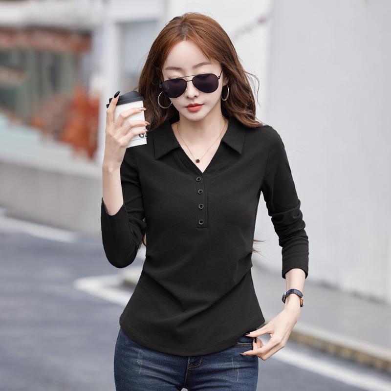 

Женский новый узкий однотонный топ с лацканами и пуговицами, с плиссировкой по низу и длинными рукавами S чёрный