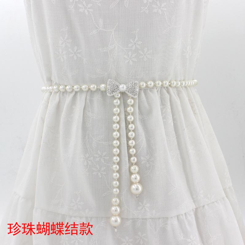Mei Mary Women's korean style sweet bow dress with pearl waist chain - ladies' fashion decorative slim belt