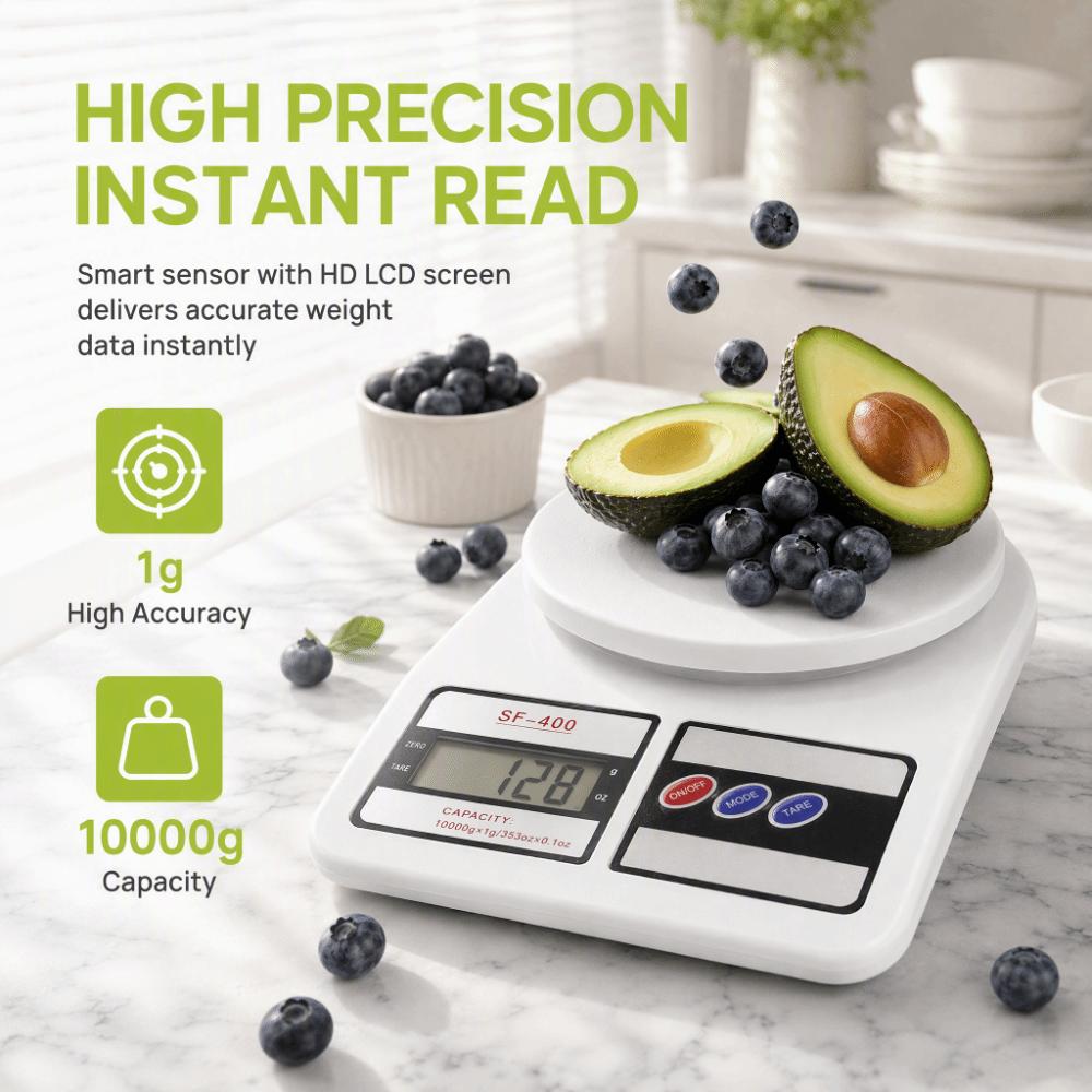 10kg Capacity Electronic Food Scale White Baking Scale Digital Kitchen Scale  Meal Prep