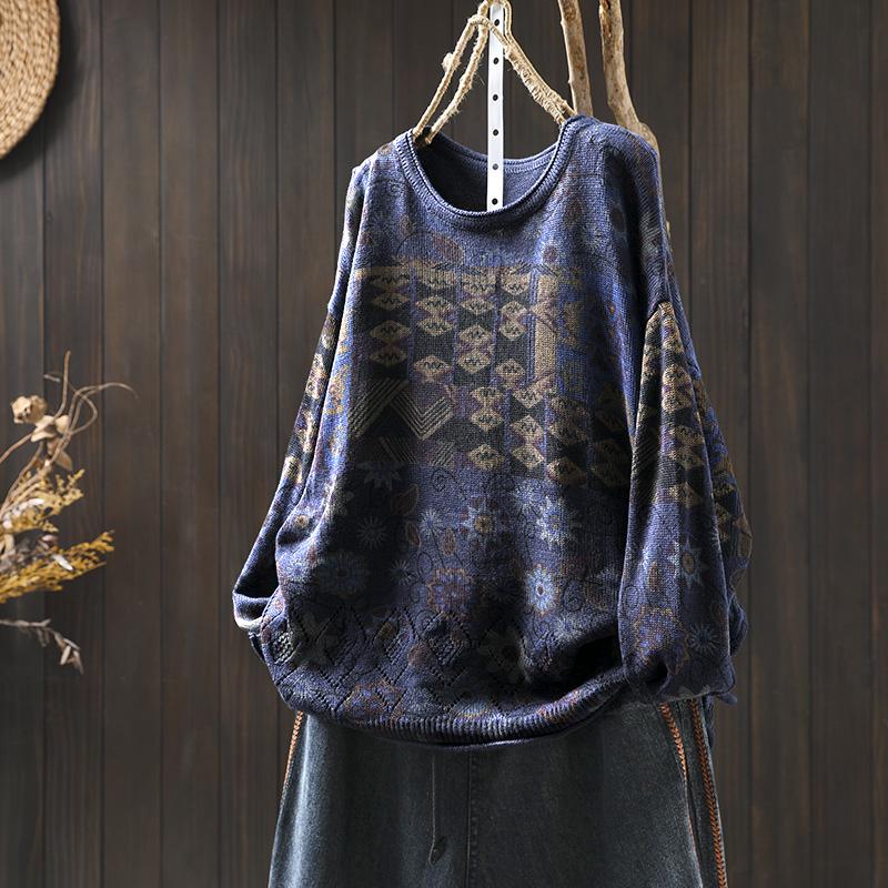 Women's Retro Floral Cotton Knit Sweater: Loose, Large, Round Neck, Pilling-Resistant Pullover for Spring & Autumn