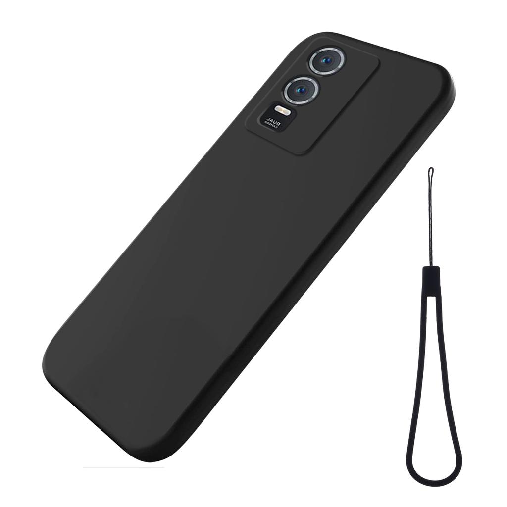 For vivo Y76s/Y76 5G Liquid Silicone Phone Case Soft Lining Anti-scratch Back Cover with Strap