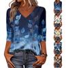 Womens V Neck Shirt 3/4 Sleeve Loose Fit Casual Blouse Floral Print Lightweight Top for Everyday Wear