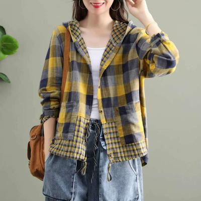 Moda Coreana Ropa de Primavera para Mujer Camisas a Cuadros con Capucha Damas Lino Sueltas Blusas Femeninas Casuales Oversize