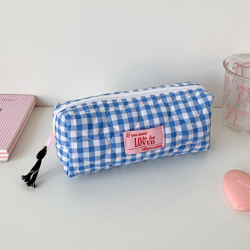1pcs Quilted Heart Grid Pencil Pouch Korean Style Student Stationery Bag Portable Holder Storage Pouch Girls Bowknot Plaid