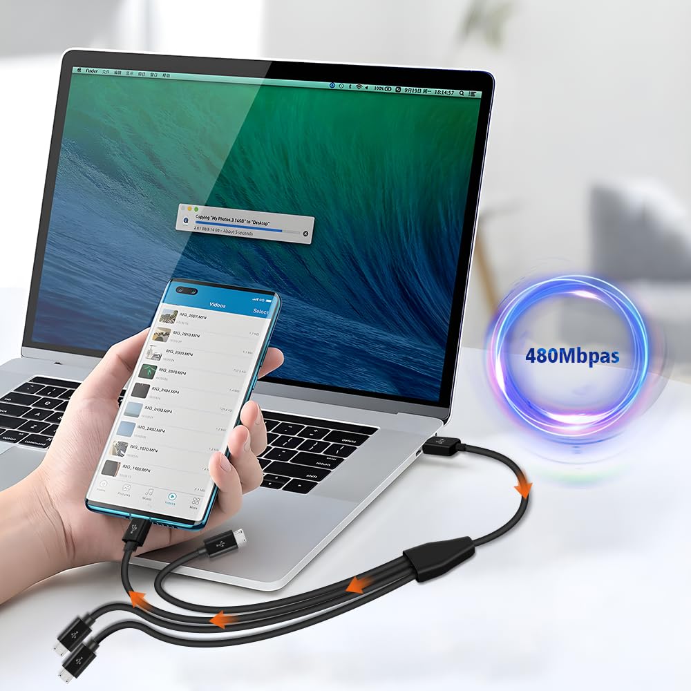 Herfair Micro USB Splitter USB Charging USB Micro Wire Lead Type A Male To 4 Micro USB Male Adapter Cable for Data Cable, 4-in-1 Multi-Micro Cord,