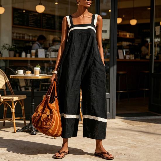 Summer Dress for Women, Color Block Sleeveless Cotton Linen Dress, Loose Vacation Long Dress with Pockets