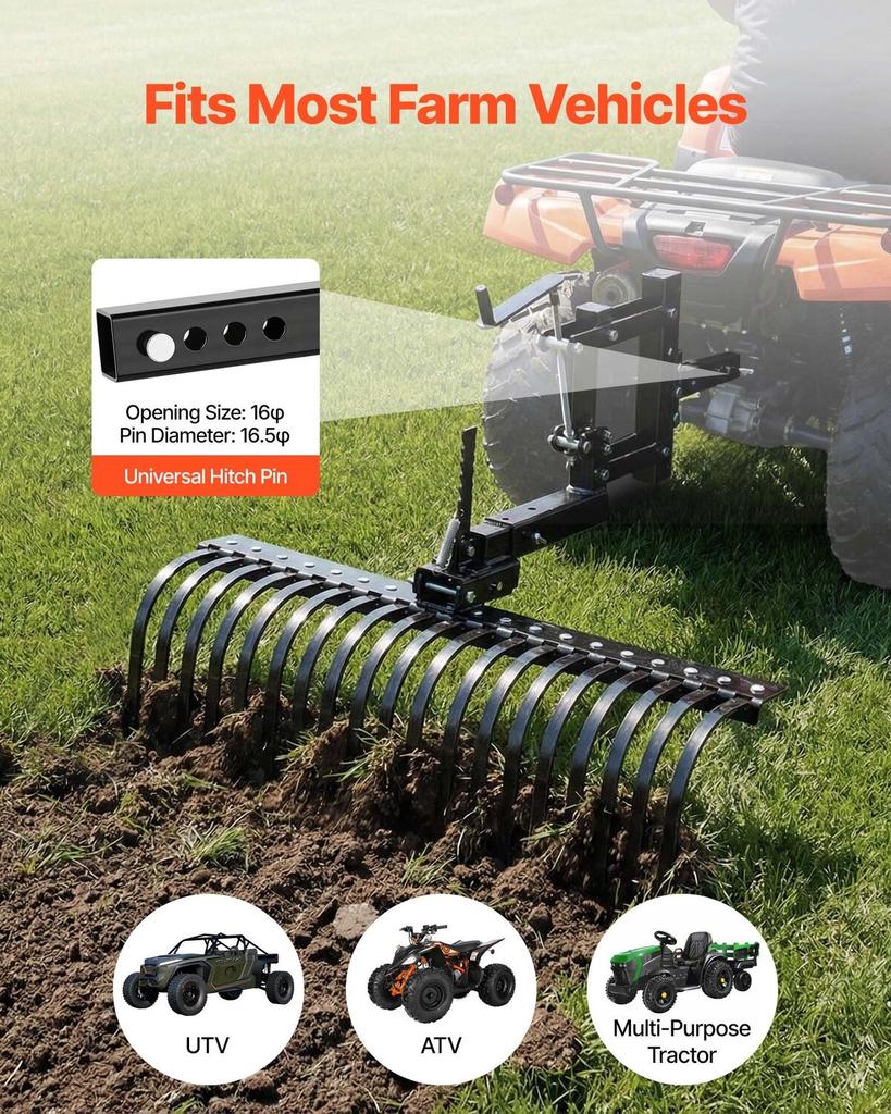 106.7cm Tow Behind Landscape Rake, 3-Point Lawn Rock Rake with Blade & Lift Lever, Fit Category 1 ATVs UTVs Lawn Tractors, Heavy Duty Dethatcher Rake