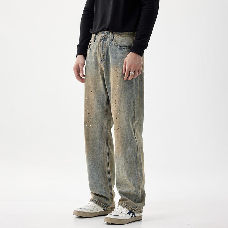 Nostalgic straight jeans loose fashion splash paint tide brand high street American autumn and winter new retro yellow mud pants