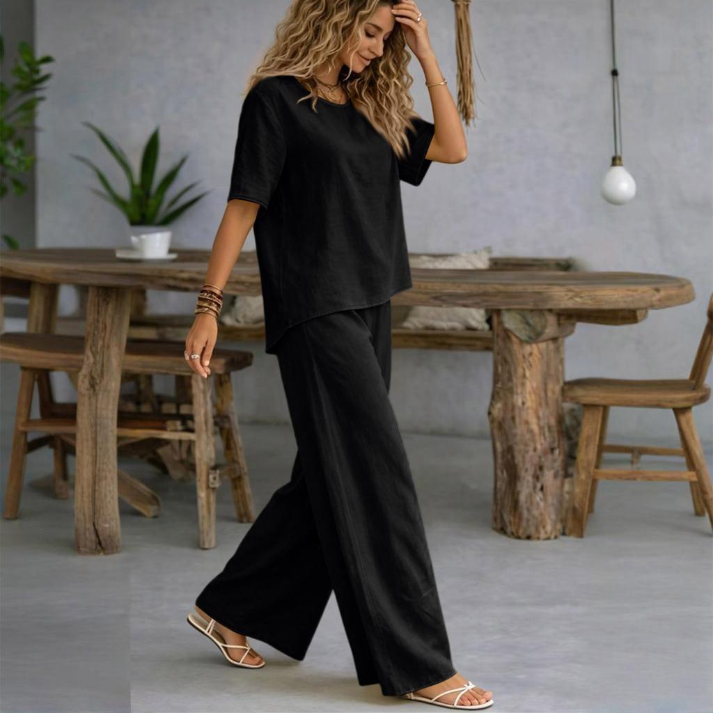 Women's Two Piece Casual Lounge Set Short Sleeve Loose Top Wide Leg Pants Lightweight Soft Fabric Comfortable Fit Summer Outfit