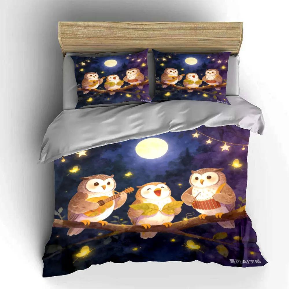 Owls Musical Trio Art 3PCMultiple Sizes Kid's and Adults' Bedroom Exquisite 3PC Bedding Set Gift