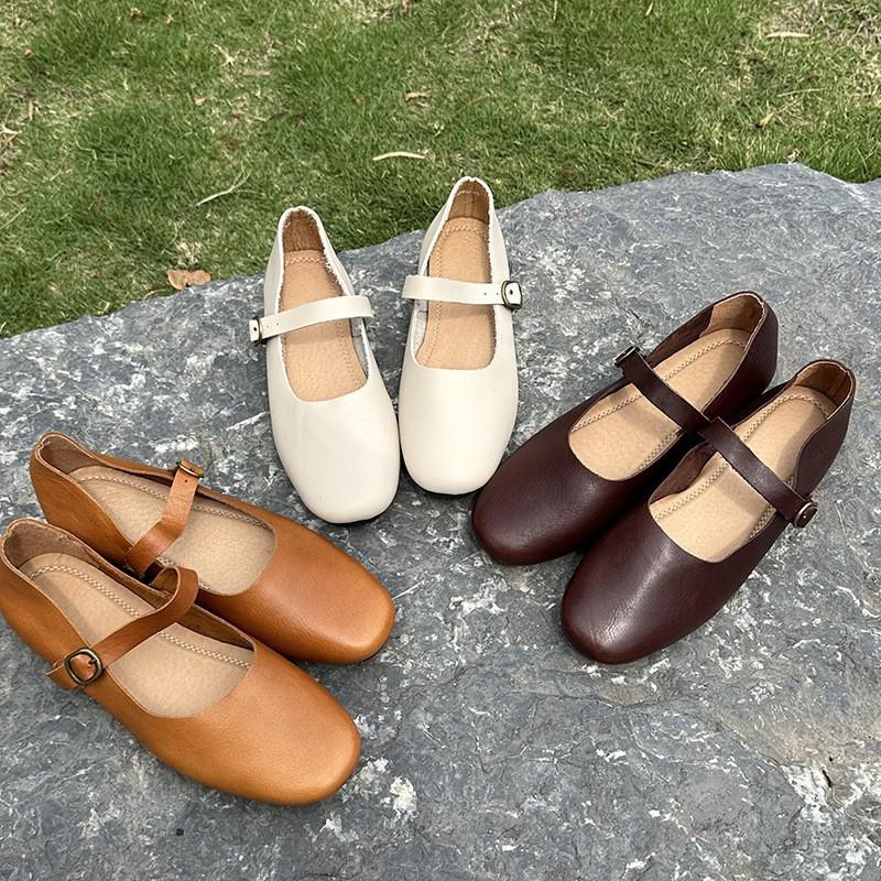 Niche Mori Shallow Mouth Single Shoes 2026 Spring One-word Buckle Flat-soled Women's Shoes Leather Casual Mary Jane Women's Shoes