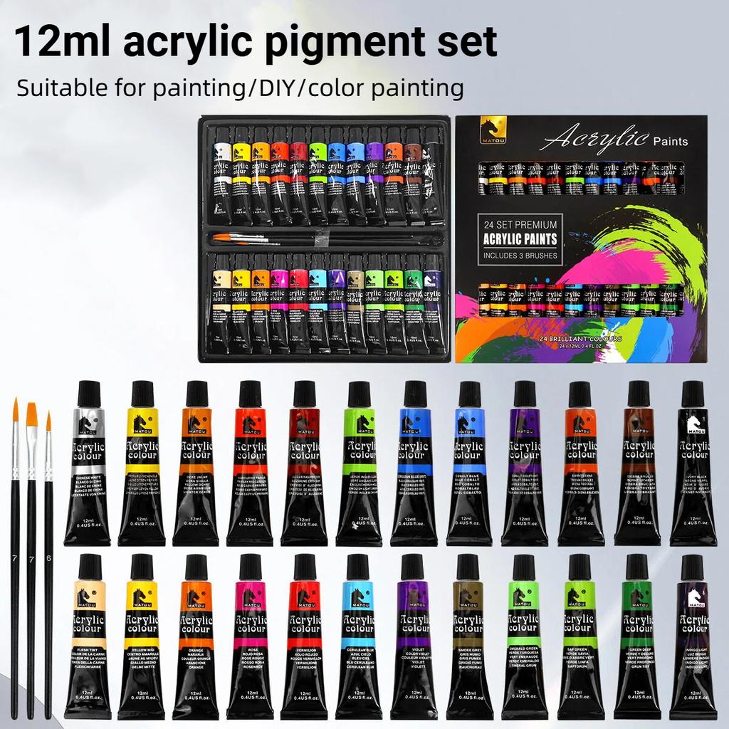 Children's Painting Acrylic Paints Set 24 Colors Professional Brush Set Artist Drawing Painting Pigment Hand Painted Wall Paint