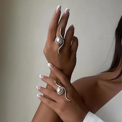 Bague d'index ouverte design serpent et perle européenne et américaine