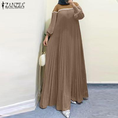 Women Casual Round Neck Long Sleeve Patchwork Long Dress