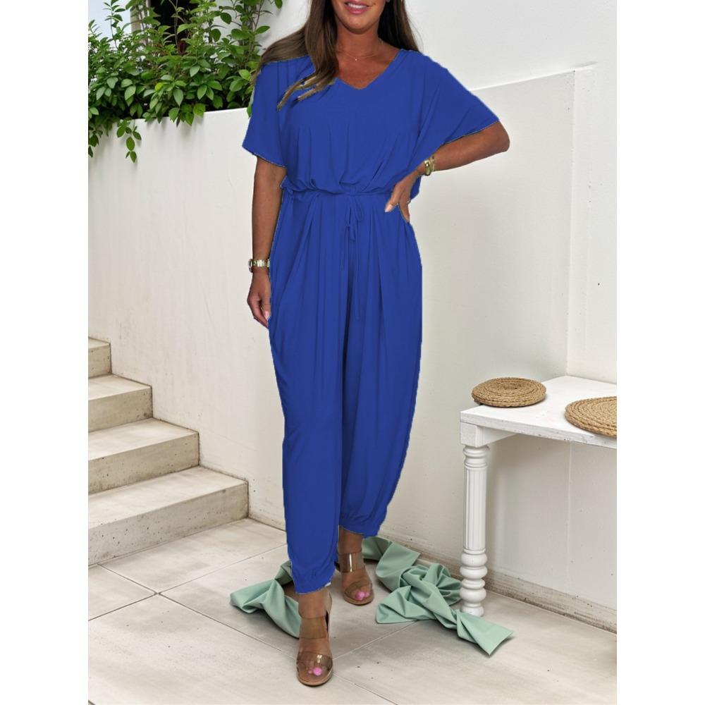 women s V Neck Drawstring Waist Solid Color Jumpsuit Casual Loose Short Sleeve Romper S синий