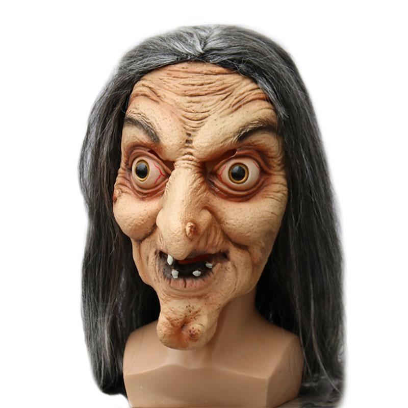 Halloween Old Witch Latex Mask with Long Hair Scary Ghost Face Costume for Party Cosplay & Roleplay