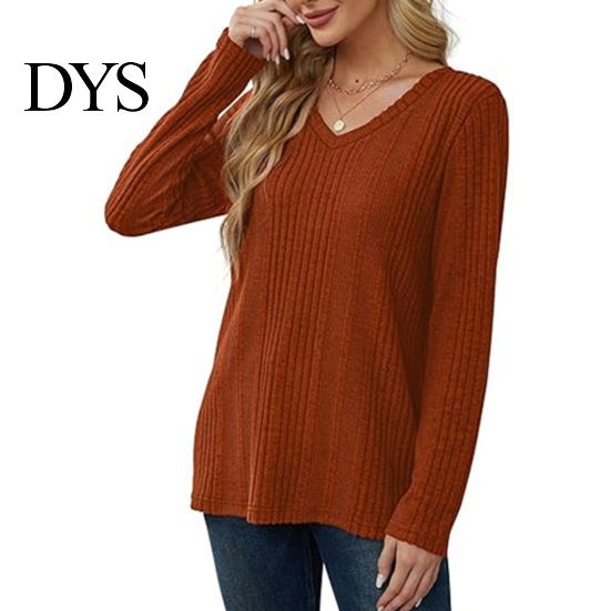Damen Herbstkleidung Tunika Pullover V-Ausschnitt Langarm Einfarbig Gerippt Lässige Oberteile Schlanke Passform Gestrickt Locker