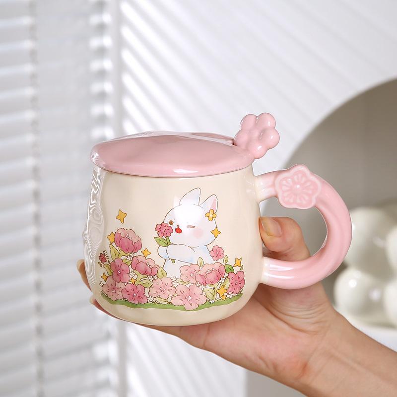 Kreative Katze Tasse mit Deckel Geschenk Trinkbecher Süße Hase Keramik Kaffeetasse Büro Wasserbecher