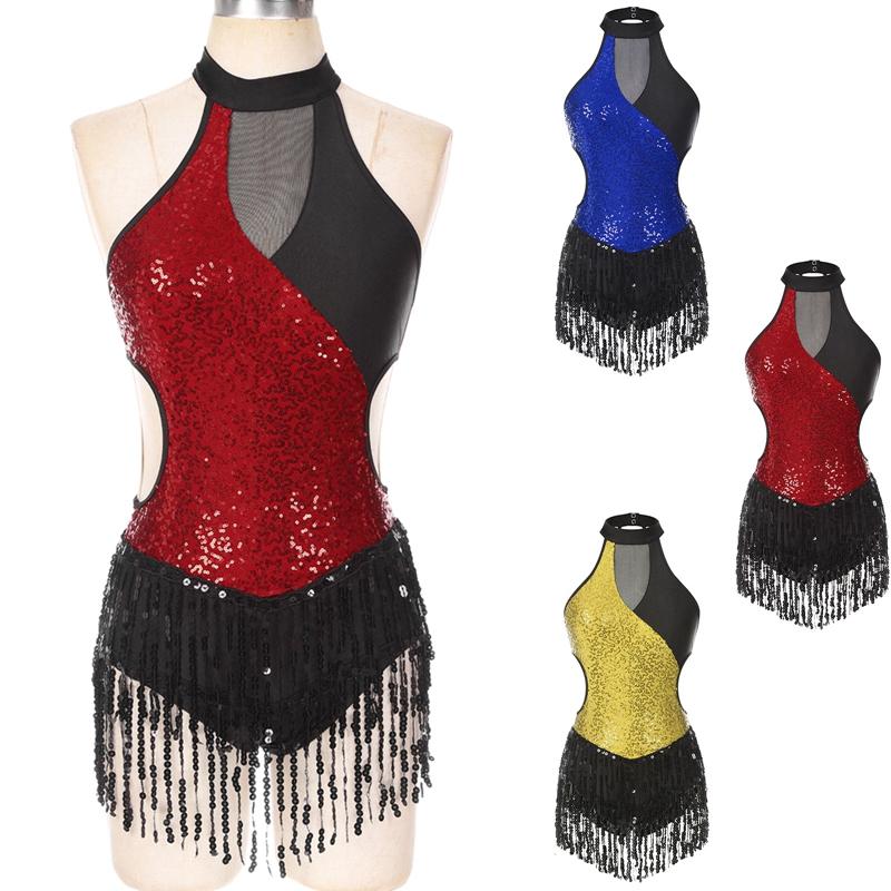 Body da danza classica con canotta e patchwork in rete di paillettes da donna, incrociato sulla schiena, con orlo a nappa e abito da ginnastica