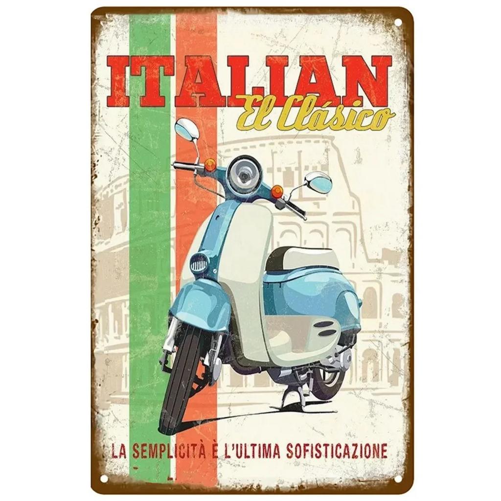 Vespa Motocykl Vintage Kovový Značka" – Retro Umělecká Deska se Skútr Estetikou; Nástěnná dekorace pro domov, kavárnu, zahradu, klub, bar