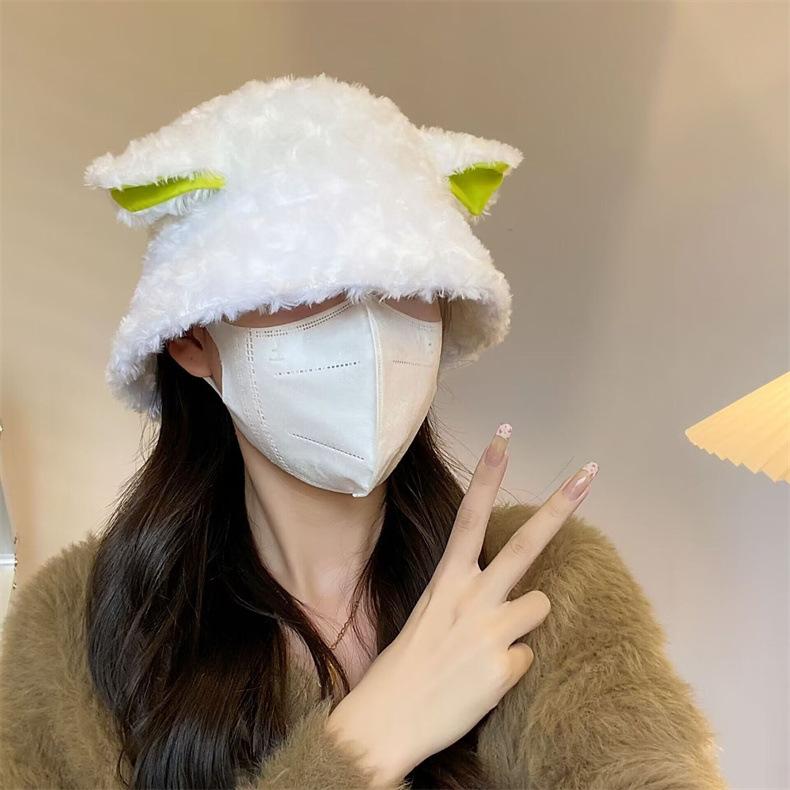 Winter Pretty Sheep Ear Hat for Women Korean Cute Lamb Fisherman Hat for Womens Warm Cashmere Hat