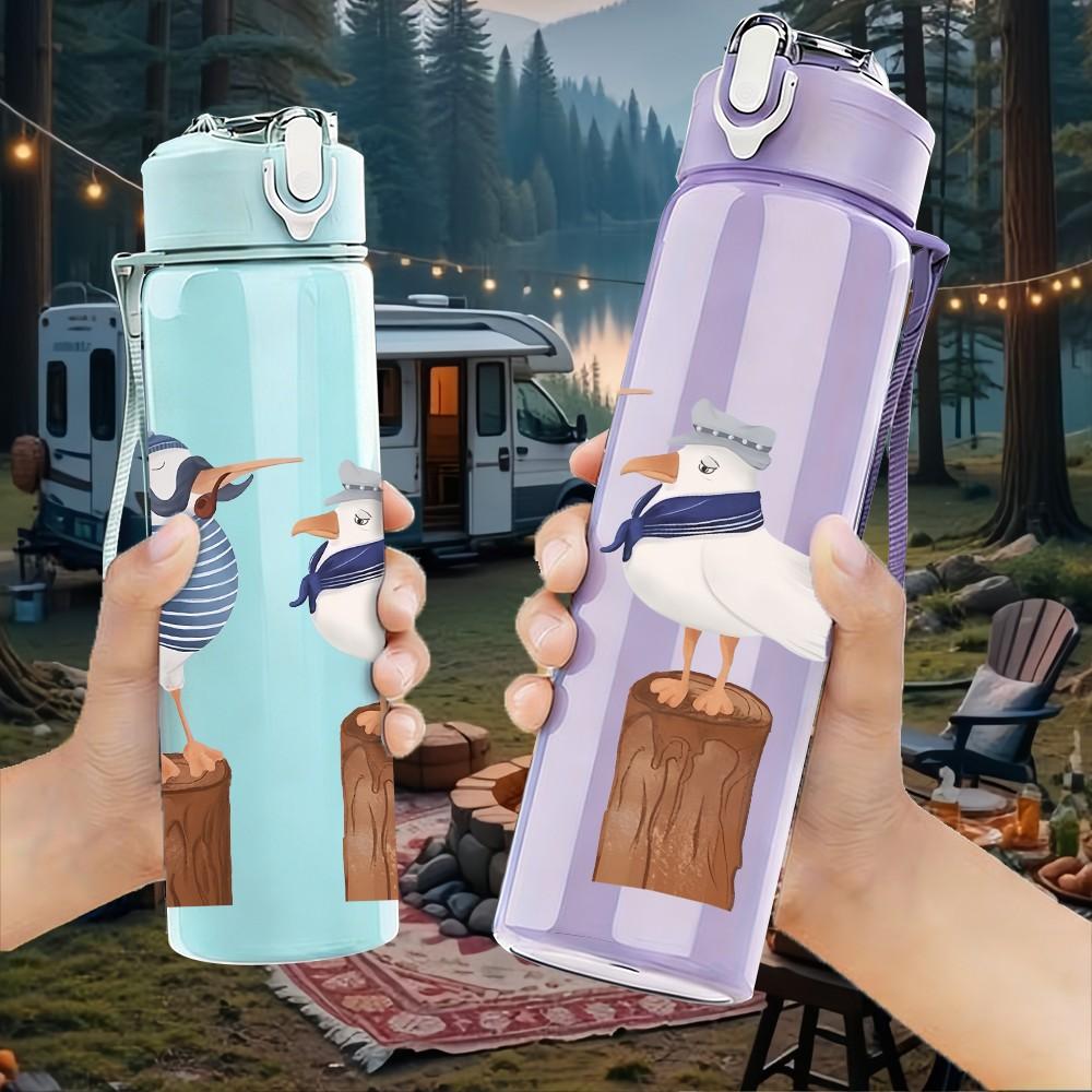 1PC Three Wooden Seagull Bird Print 750ml Color Plastic Sports Water Bottle Leakproof Flip Straw Lid Suitable for Sports Office Home Use
