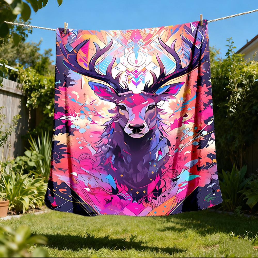 1pc Deer Art Print Outdoor Blanket, Soft And Comfortable Blanket, Casual Warm Outdoor Blanket